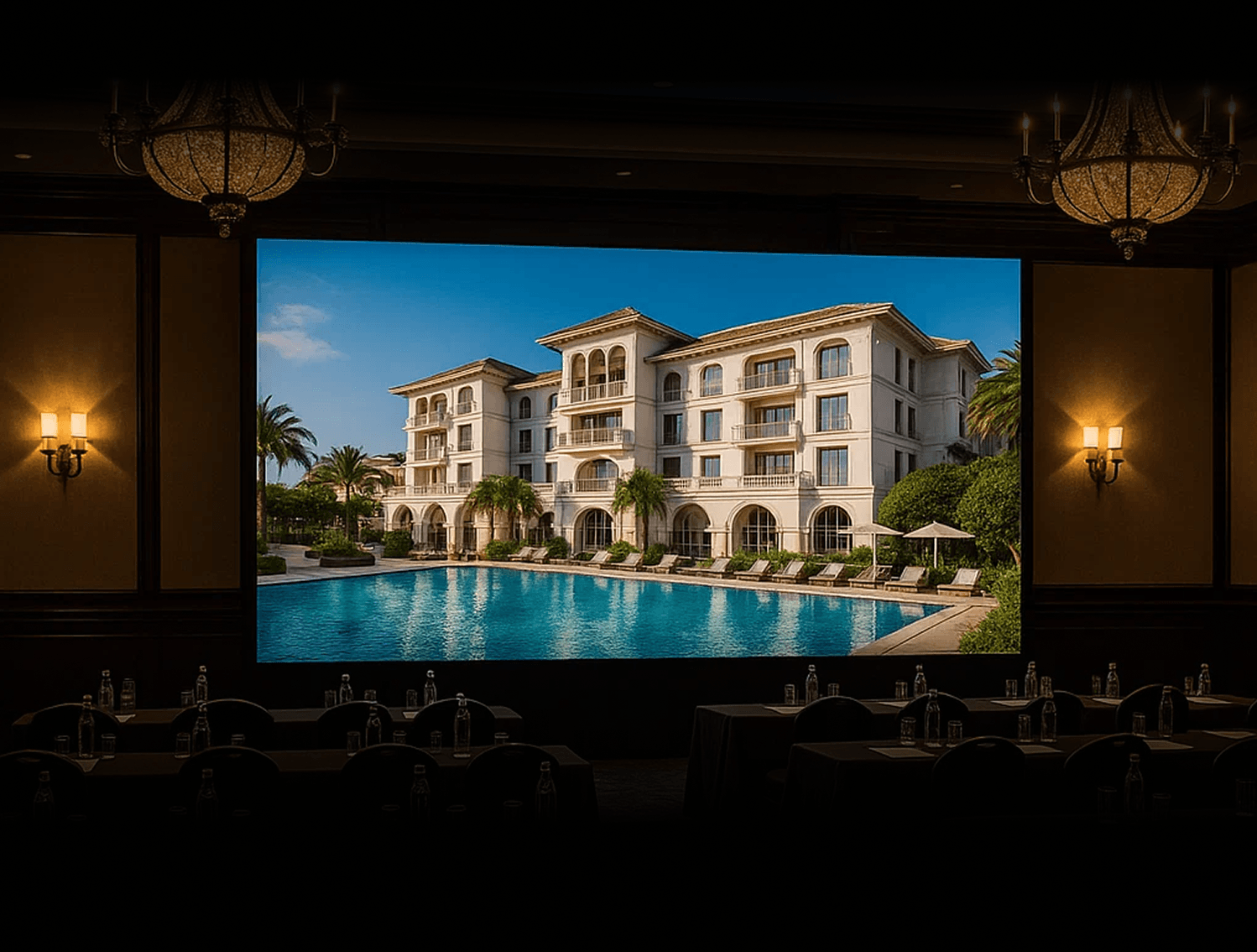Conference room LED display showing resort property